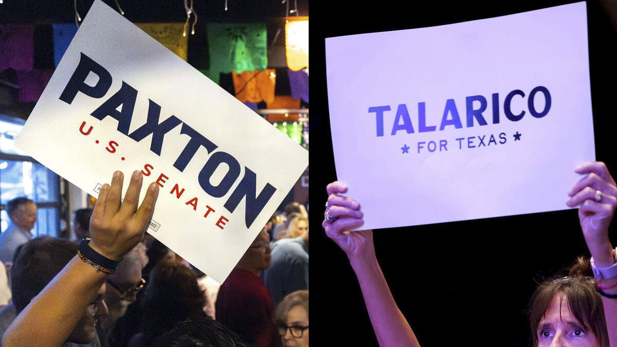 Attendees of North Texas campaign events hold up signs supporting Republican Ken Paxton and Democrat James Talarico as they run against each other for U.S. Senate in Texas. Attendees of North Texas campaign events hold up signs supporting Republican Ken Paxton and Democrat James Talarico as they run against each other for U.S. Senate in Texas.